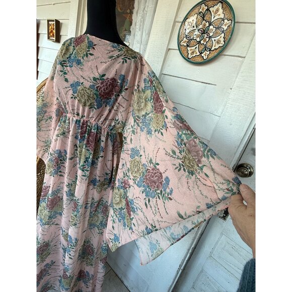 Vintage 60's Pink Floral Chiffon Style Maxi Dress Batwing Sleeves Sz L Boho - Picture 4 of 16